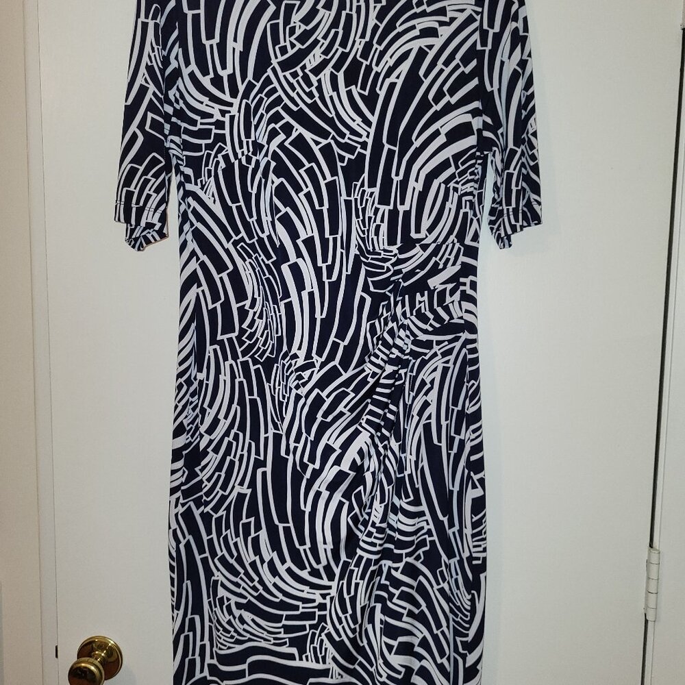 Connected Apparel Blue/White Dress, Size 14. Faux front skirting.